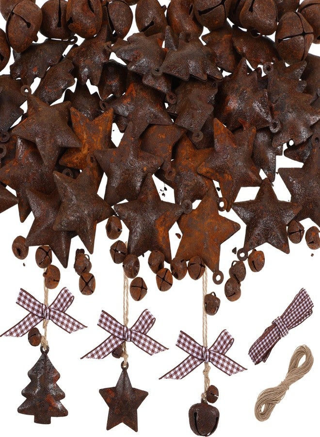 Otoolling 82 Pcs Rusty Metal Jingle Bells Kit Supplies Christmas Sleigh Bells Rustic Craft Mini Rusted Metal Jingle Xmas Tree Stars Bell with Jute Twine Plaid Ribbon for Xmas Tree Home Decor DIY Craft - Image 1